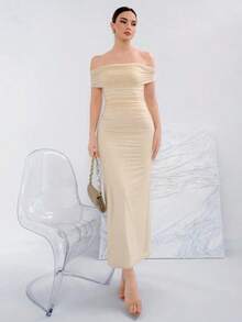 YHHAloruh Vestido de punto de unicolor elegante con hombros descubiertos para ocasiones formalesYHH - Blanco 2 - Ver 11