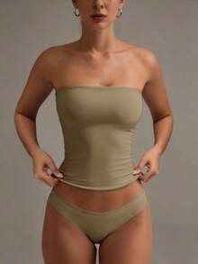 Camiseta sin tirantes sexy básica, top tubo ajustado de unicolor y elástico a la moda, adecuado para mujeres en todas las estaciones, casual negro de verano - color tierra - Ver 3