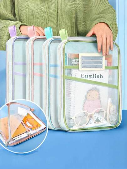 4pcs L-Shaped Large Capacity Gradient Color Grid File Folders, A4 Document Bags, 4-Layer Organizer, Graduate Student & Office Supplies Storage, Suitable For Accordion File, Portable Document Bag With Handle - Student Homework & Test Paper Storage Bag | Minimalist Design | Transparent Window File Organizer | Applicable For All Seasons, Stationery