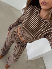 Conjunto de pijama informal para mujer de , incluye camiseta de manga larga con cuello redondo a rayas y pantalones rectos a rayas, adecuado para uso diario, deportes, otoño/invierno, ropa para el regreso a clases, conjunto de dos piezas a rayas marrones, para uso diario, oficina, salidas. - Multicolor 2 - Ver 10