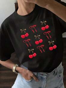 Mexican Basic YOKASA Women's Short Sleeve Crew Neck T-Shirt. Cherry And Butterfly Print. 1 Piece, 180g Pure Heavy, 95% Polyester 5% Spandex - Unisex Short Sleeve Crew Neck T-Shirt, Urban Vintage Style, Loose Cotton. New Release. - 黑色 - 查看 7
