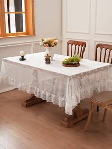 1pc French Countryside Style Floral Lace Trim Tablecloth, Holiday Decor - White - View 3