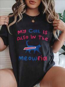 Camiseta Casual de Manga Corta para Mujer - Camiseta de Verano con Cuello Redondo "My Cat Is Also In The Meowfia", Lavable a Máquina, Camisetas para Damas, Ropa Casual, Estilo Moderno, Ajuste Cómodo  
 -Blanco - Negro - Ver 7