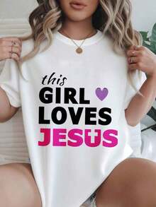 Esta chica ama a Jesús - Camiseta casual con estampado moderno para mujer, adecuada para todas las estaciones.  
 Negro - Blanco - Ver 7