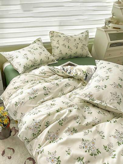 3pcs Soft & Breathable Floral Cartoon Print Bedding Set (1 Duvet Cover + 2 Pillowcases), Suitable For Bedroom & Guest Room, Machine Washable, All Season