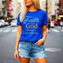 Conjuntos de Verano para Mujer, Camiseta de Algodón con Estampado de Letras "Fe en Dios", Top Casual de Manga Corta con Cuello Redondo, Camiseta Gráfica Religiosa de Corte Holgado, Tallas S-5XL, Camiseta Básica Suave y Transpirable para Uso Diario, Ropa Inspiradora Cristiana, Conjuntos de Primavera para Mujer, 100% Algodón. - Azul - Ver 6