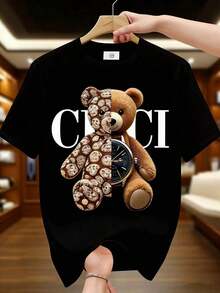 1 pieza de camiseta de algodón de manga corta para mujer de talla grande con estampado de oso de peluche, top casual de cuello redondo, corte holgado, tallas S-5XL, camiseta con gráfico de animal lindo, tela suave y transpirable, para uso diario, camisa de moda de verano, diseño, camiseta básica cómoda, estilo versátil, disponible en tallas grandes. ¡!Camiseta de manga corta estampada para hombre, casual y elegante. Transpirable y cómoda. - Negro - Ver 11