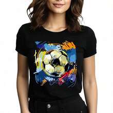 Tops para mujer Casual de Algodón Negra para Mujer, de Manga Corta, con Cuello Redondo y Estampado Gráfico Vibrante de Balón de Fútbol - Negro - Ver 1