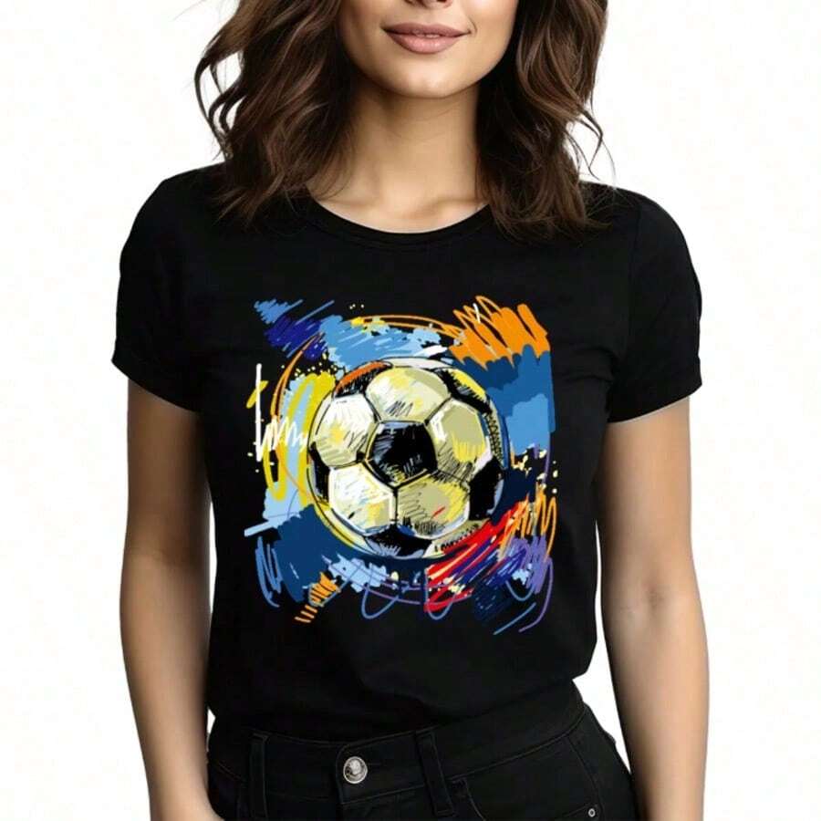 Tops para mujer Casual de Algodón Negra para Mujer, de Manga Corta, con Cuello Redondo y Estampado Gráfico Vibrante de Balón de Fútbol - Negro - Ver 1