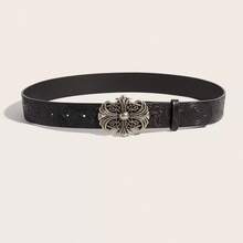 1pc Western Style Fashion Versatile New Unisex Embossed Floral Personalized Belt Artistic Retro Leather Belt - Black - View 8