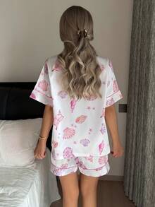 2pcs/Set Summer Pink Shell Pattern Lapel Short Sleeve Top And Shorts Women Pajama Set, Nautical Style, Vacation Style - White - View 6
