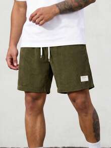 Quần short nam kiểu retro Mỹ bằng vải nhung kẻ có dây rút, quần ống rộng năm điểm có miếng vá, quần short dài đến đầu gối phong cách đường phố thường ngày. - xanh quân đội - Xem 4