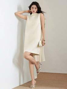Vestido elegante de oficina con cuello drapeado para mujer - Albaricoque - Ver 5