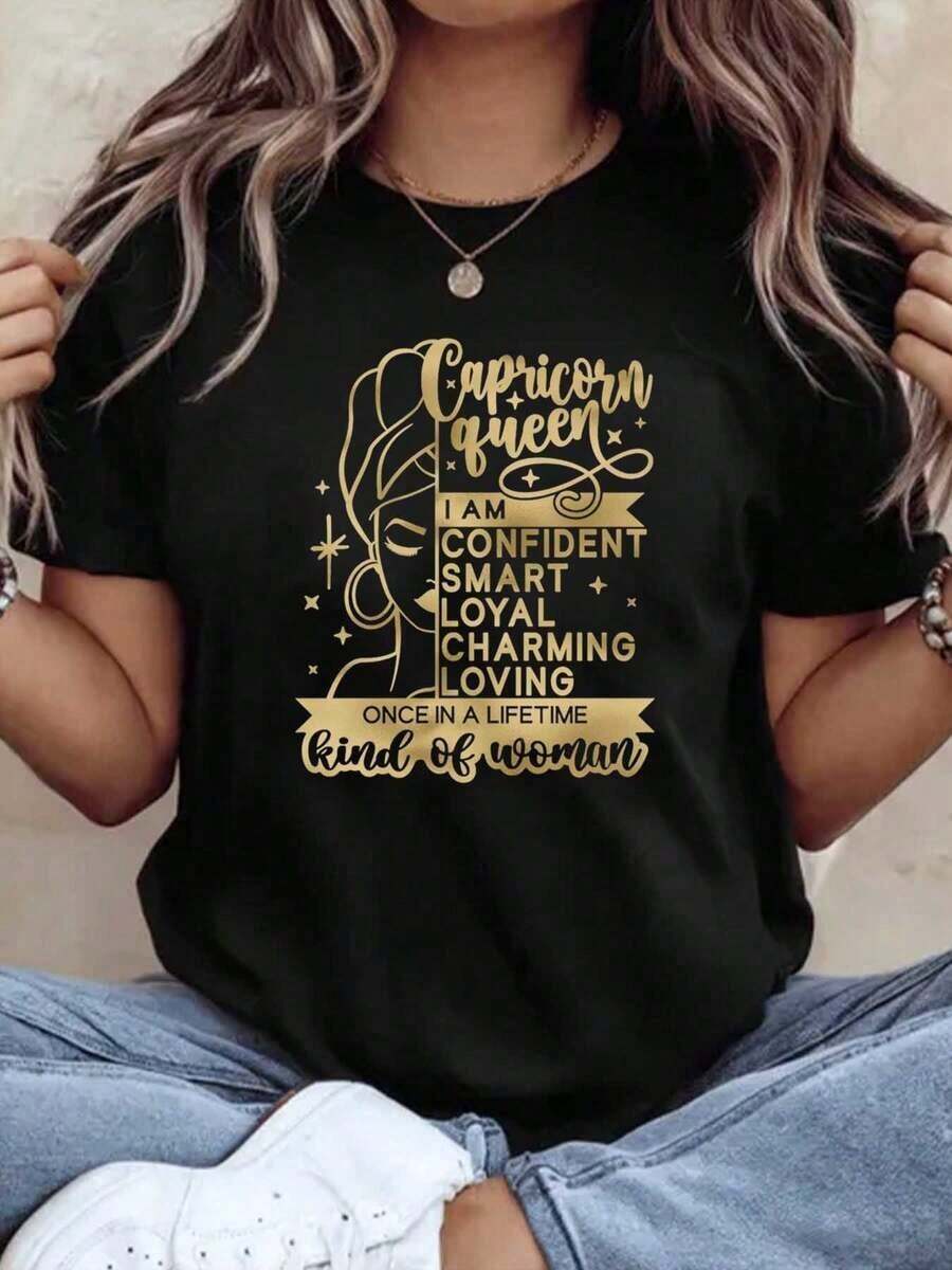 Premium Short Sleeve T-Shirt With Round Neck And Capricorn Print: Queen, Confident, Intelligent, Loyal, Charming, Kind, Plus Size, Birthday Gift For Astrology Enthusiasts, Casual, Comfortable, Breathable, Pure Cotton, 220g, Cute. New Arrival - 黑色 - 查看 1