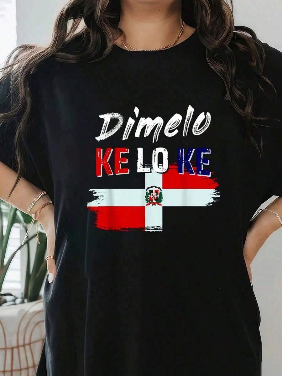 Camiseta con estampado de la bandera de República Dominicana Dimelo Ke Lo Ke, camiseta de manga corta con cuello redondo, top casual para verano y primavera, ropa de mujer. Camiseta holgada, casual y versátil, estilo Y2k. - Blanco - Ver 1
