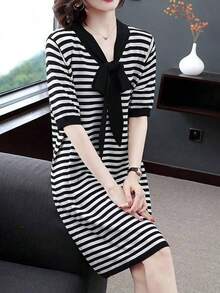 Vestido corto de mujer Nuevo vestido de verano de manga corta con escote en V, de moda para mujer, suelto y que estiliza, de longitud media en estilo A - Blanco y Negro - Ver 1