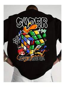 Unisex Printed Cotton T-Shirt With Round Neck And Short Sleeves In Black, Loose And Comfortable. - Back - View 1