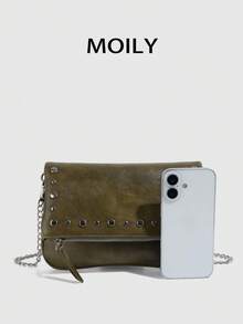 1pc Rivet Design Shoulder Crossbody Square Bag, PU Material, Metal Chain, Zipper Closure, Suitable For Shopping, Dating, Commuting, Party, Gift Giving - Green - View 4