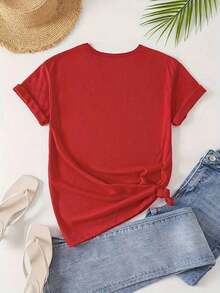 Estampado para Entusiastas del Yoga, Estampado en Forma de Corazón, Camiseta Cómoda y Suave, Camiseta de Manga Corta con Cuello Redondo, Camiseta Holgada y Cómoda, Estampado Popular, Estampado Divertido (Desarrollado) - Unisex, Corte Holgado - Camiseta de Algodón de Estilo Vintage Urbano Cómoda - Rojo - Ver 2