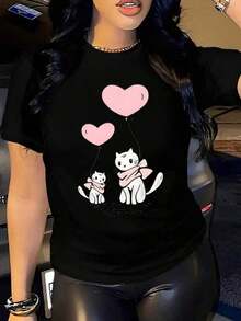 Camiseta Casual con Estampado Gráfico, Suave y Transpirable, para Mujer, con Diseño de Corazón de Gato, Manga Corta, Cuello Redondo, Negra con Corazones Rosados y Gatos Blancos, Perfecta para Primavera y Verano. - Negro - Ver 8