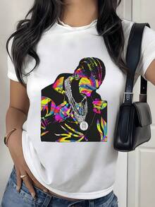 Artistic Portrait Formed By Strokes Of Neon Colors That Represent Creative Energy And Feminine Inner Strength With Vibrant Contrast; Modern Casual Women's T-Shirt Ideal For Everyday Wear - 白色 - 查看 8