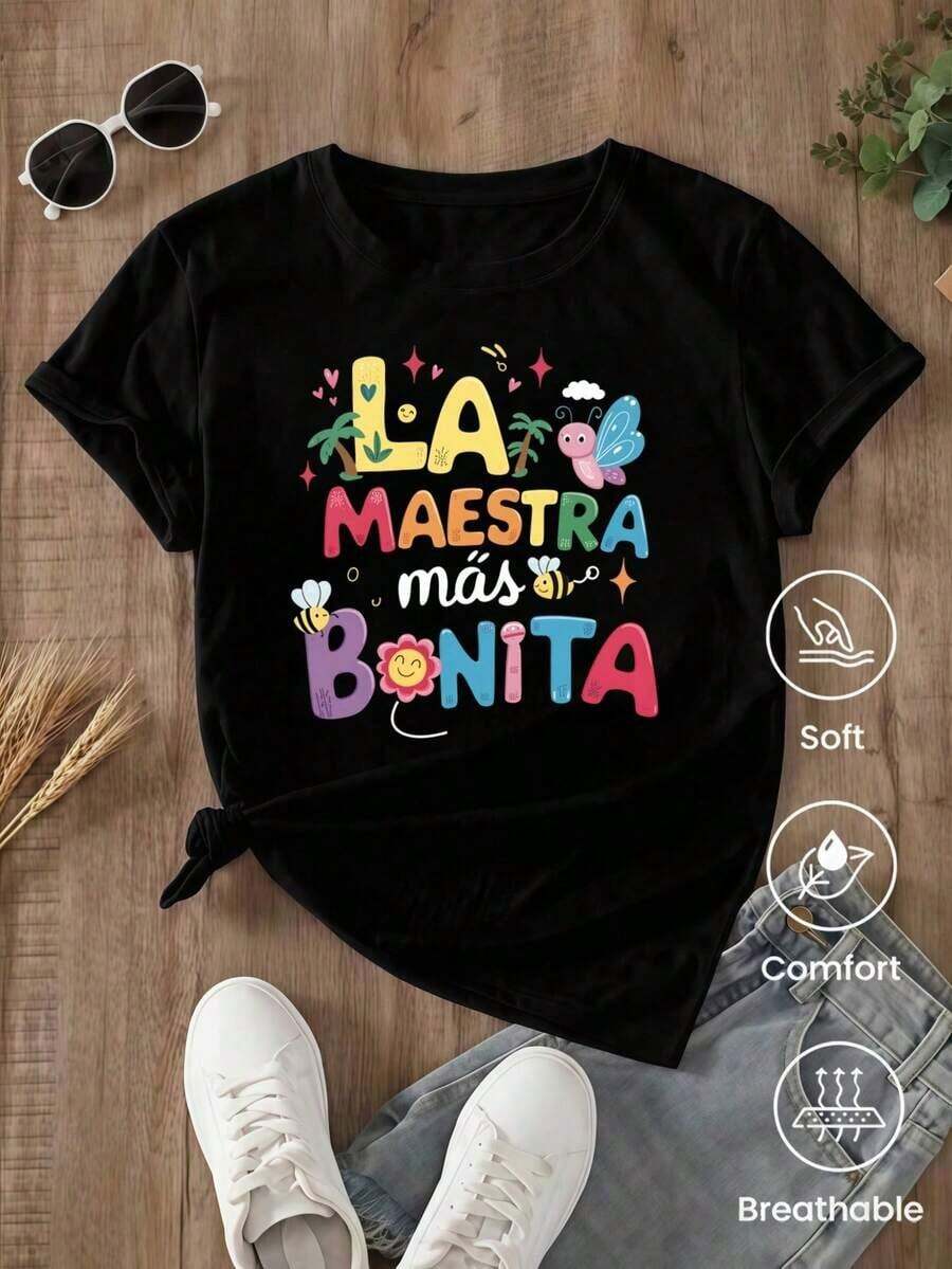 2026Camiseta de manga corta de moda para primavera y verano de , hecha en México, .Estampado de dibujos animados, modelo de pareja, apta para uso interior o exterior.Cuello redondo, unisex, ideal para oficina y ocio.Paquete de una sola pieza.Camiseta. - Negro - Ver 1