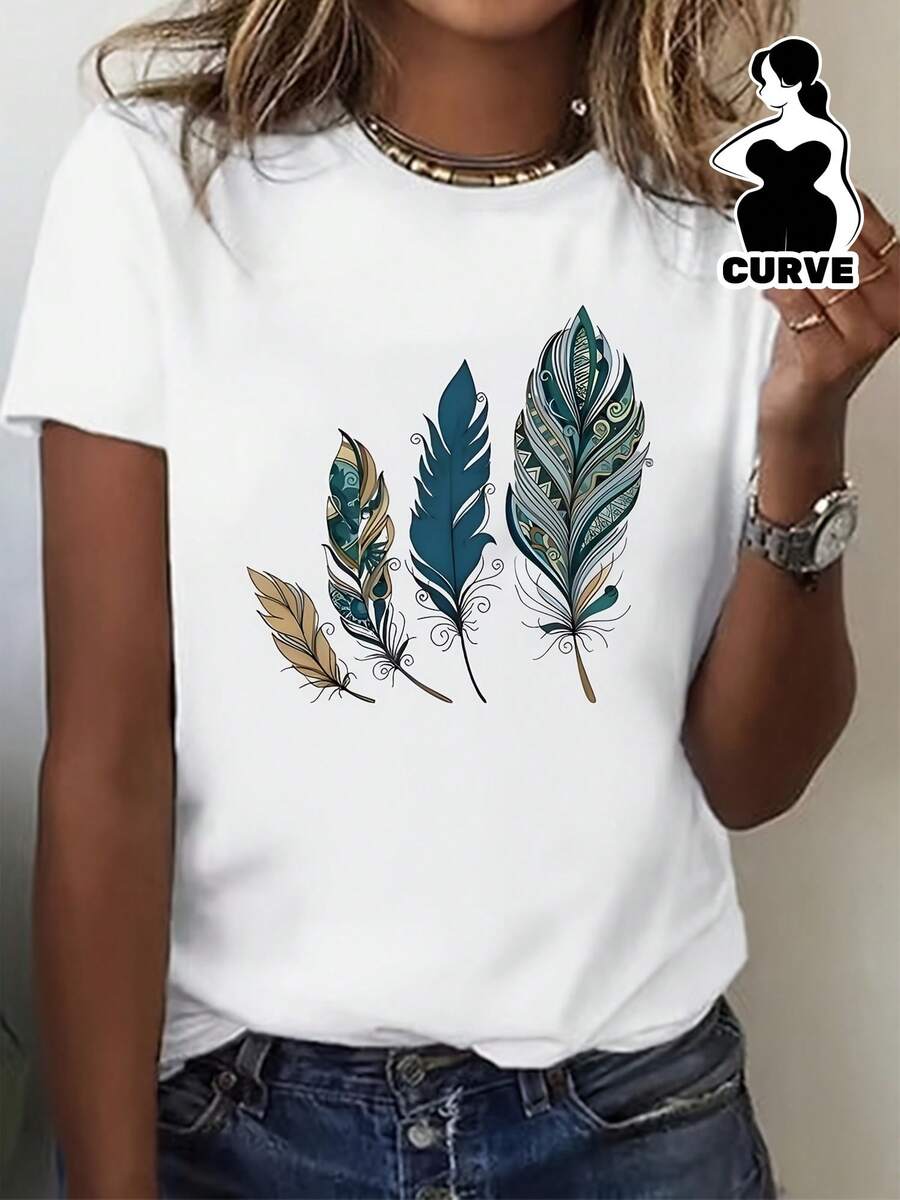 Talla grande, camiseta de manga corta con estampado para mujer - Compatible con blusa, adecuada para uso casual, top de cuello redondo, camisa estilo blusa opaca lavable a máquina para atuendos de primavera, verano y otoño