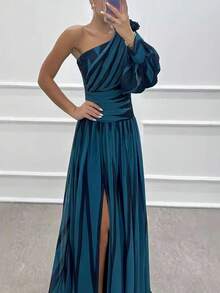 Off-The-Shoulder Print Dress With A Casual Slit For Everyday Wear - Blue - View 4