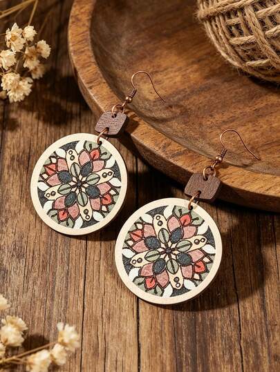 1 Pair Bohemian Vintage Colorful Painted Wooden Mandala Earrings, Round Dangle Earrings