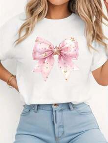 Top Mujer Camiseta de Manga Corta con Cuello Redondo y Estampado de Estrella Rosa y Lazo  2026 - Blanco - Ver 1