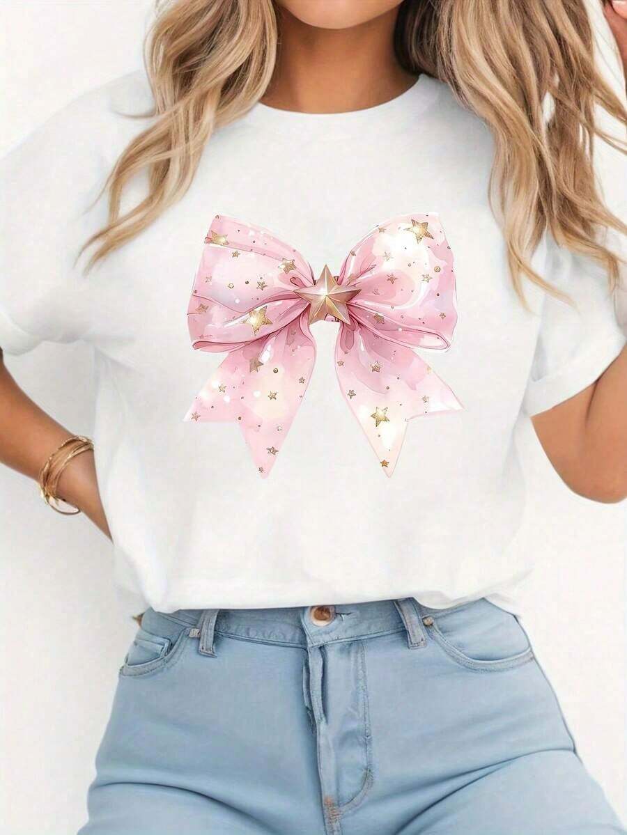Top Mujer Camiseta de Manga Corta con Cuello Redondo y Estampado de Estrella Rosa y Lazo 2026 - Blanco - Ver 1