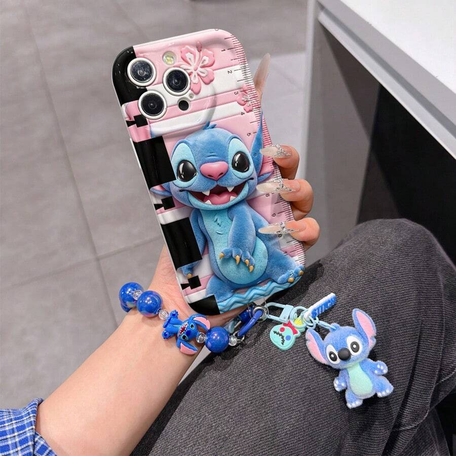 Disney Lilo & Stitch Phone Case With Stitch Charm And Stitch Lanyard - Cute Stitch Protective Case With Hibiscus Flower And Pink Striped Background Design, Equipped With Delicate Stitch Decorative Lanyard And Beaded Bracelet For Easy Carrying, Compatible With IPhone 17, 16, 15, 14, 13, 12, 11 Pro Series, Ideal For Birthdays, Holidays, Anniversaries, Graduation Gifts, Or Any Special Occasion To Surprise Family, Friends, Classmates, And Loved Ones. - trắng - Xem 1