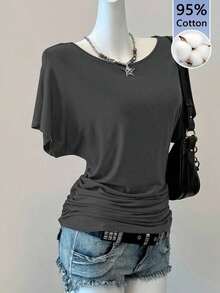 Camiseta casual de color marrón sólido para mujer, adecuada para primavera/verano - Gris Oscuro - Ver 1