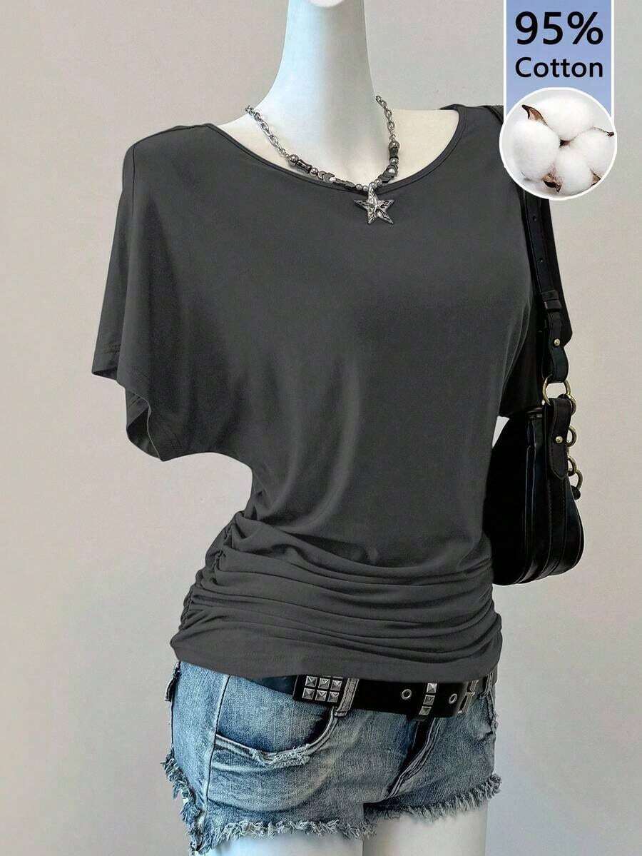 Camiseta casual de color marrón sólido para mujer, adecuada para primavera/verano - Gris Oscuro - Ver 1