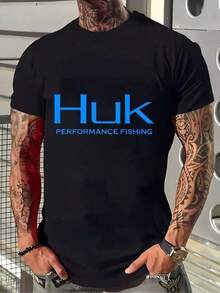 1 Pcs Men's HUK Performance Fishing-Shirt - Black Cotton Casual Streetwear With Bold Blue Print, Short Sleeve Crew Neck Tee Casual Attire, Outdoor Clothing Tattoo Style Shirt Washable, - Black - View 1