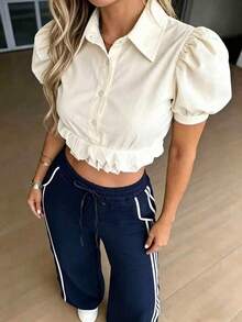 Pantalones rectos de cintura elástica casual, ajuste relajado - Azul Marino - Ver 5
