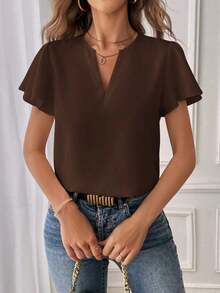 Camisa de mujer de unicolor con escote en V entallado y manga corta, informal y adecuada para el trabajo, blusas de manga corta - Café integral - Ver 6