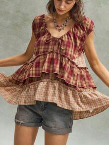 Blusa casual de mujer con cuello en V, volantes en el bajo y estampado de cuadros - Burdeos - Ver 8