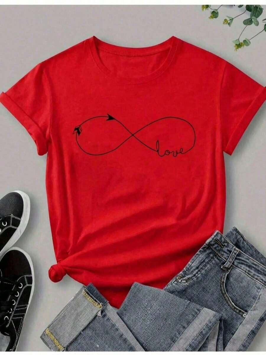 Women's Casual Graphic Print T-Shirt, Polyester, Daily Spring, Pure-Cotton - Red - View 1
