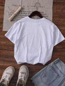 Nueva Colección 2026: Camiseta de Algodón Casual para Mujer, Blanca, Cuello Redondo, Hombros Caídos, Diseño con Estampado de Leopardo Be Real Not y Tejido de Punto de Elasticidad Media, Algodón Ligero - Blanco - Ver 4