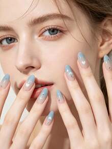 24 piezas de uñas postizas de almendra azul degradado con cobertura completa, brillantes, uñas falsas con corazón y estrella de strass, puntas de uñas falsas reutilizables - Multicolor - Ver 4