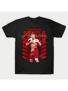 Unisex 100% Cotton T-Shirt, Men's & Women's Canelo Alvarez Signature Action Print, Red & White Stripes, Unisex, Soft, All Seasons, Casual, Streetwear, Essential, All-Match, All Seasons Style, Affordable, Daily Wear & Perfect Gift For Fans And Friends, Summer T-Shirt, Summer Clothes For Women, Men's Summer Outfit, Women's Shirt, Creative Design, Outdoor Play, Cool Style, Fun Design, Great For Outdoor Play - Black - View 1