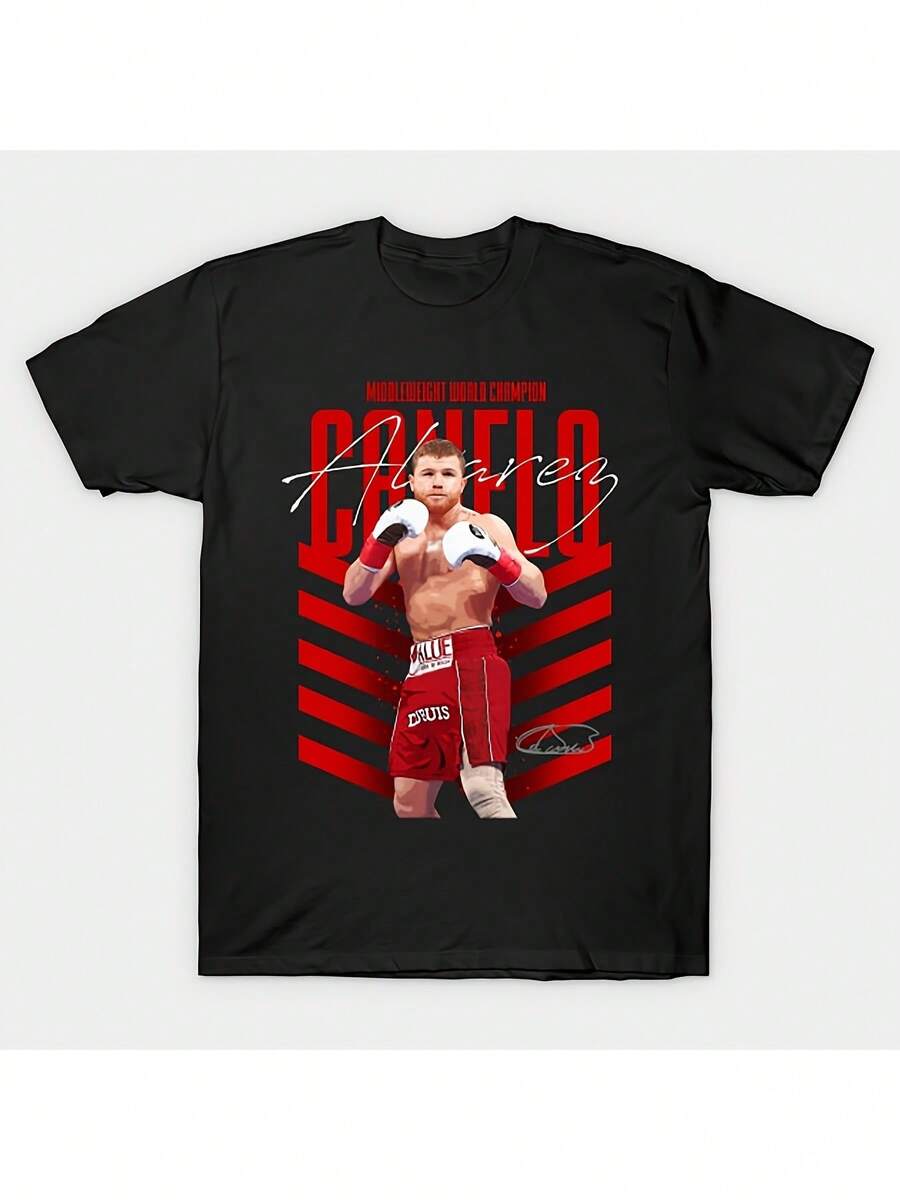 Unisex 100% Cotton T-Shirt, Men's & Women's Canelo Alvarez Signature Action Print, Red & White Stripes, Unisex, Soft, All Seasons, Casual, Streetwear, Essential, All-Match, All Seasons Style, Affordable, Daily Wear & Perfect Gift For Fans And Friends, Summer T-Shirt, Summer Clothes For Women, Men's Summer Outfit, Women's Shirt, Creative Design, Outdoor Play, Cool Style, Fun Design, Great For Outdoor Play - Black - View 1
