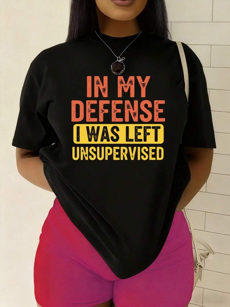 Talla Grande - Talla Grande - Talla Grande - Camiseta de Mujer con Eslogan Drtido de Defensa Sin Supervisión | 100% 180G Camiseta Casual de Manga Corta y Cuello Redondo con Estampado Humorístico, Lavable a Máquina, Regalo Genial para Esposa, Navidad y Ropa Casual