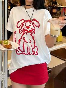 Camiseta Unisex Holgada con Estampado de Cachorro Rojo, Camiseta Deportiva de Manga Corta para Verano, Algodón QXRA - Blanco - Ver 1