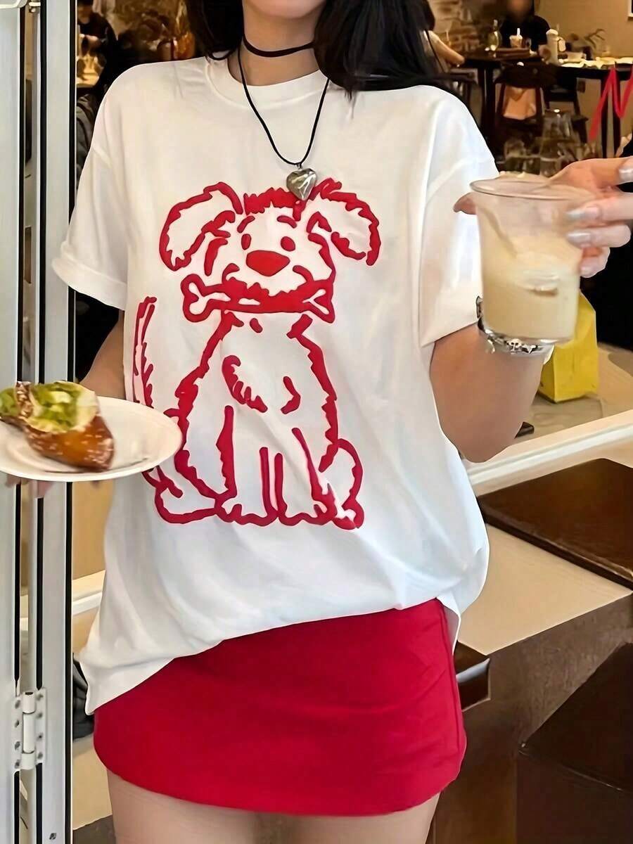 Camiseta Unisex Holgada con Estampado de Cachorro Rojo, Camiseta Deportiva de Manga Corta para Verano, Algodón QXRA - Blanco - Ver 1
