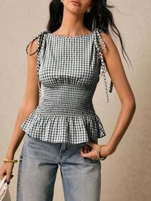 Blusa de cuadros verdes con cuello redondo, cintura con lazo y volantes en el bajo, hombros con lazo, para verano, tops de mujer, tops de verano, tops de concierto, tops de playa, tops con volantes, tops con lazo delantero, tops bohemios, tops de - Blanco y Negro - Ver 5