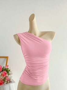 Blusa corta de un hombro con pliegues color albaricoque, minimalista, casual, elegante y versátil para uso diario de mujer, primavera/verano - Rosa - Ver 1