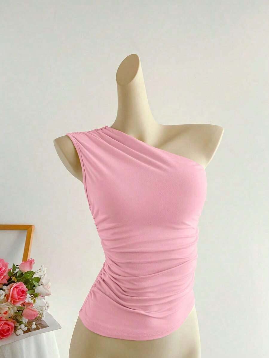 Blusa corta de un hombro con pliegues color albaricoque, minimalista, casual, elegante y versátil para uso diario de mujer, primavera/verano - Rosa - Ver 1