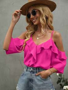 Blusa de volantes con hombros descubiertos de unicolor, estilo de vacaciones de playa para mujer - Rosa Fucsia - Ver 7